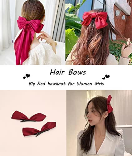 DIKEWEN Red Hair Bow - 5PCS Hair Bows for Women Big Red Bow for Hair Oversized Ribbon Bowknot Hairclip Soft Silky Satin Hair Bow Long Tail Hair Bows Clips French Barrette Hair Accessories Gift for Women Girls