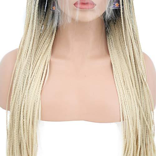 CHENG RUO Hair Cap+26'' Braided Lace Wigs Ombre Blonde Hair with BLack Roots for Women Synthetic Heat Resistant Long Braided Wigs Glueless Half Hand Tied Blonde Micro Braids Lace Front Wig