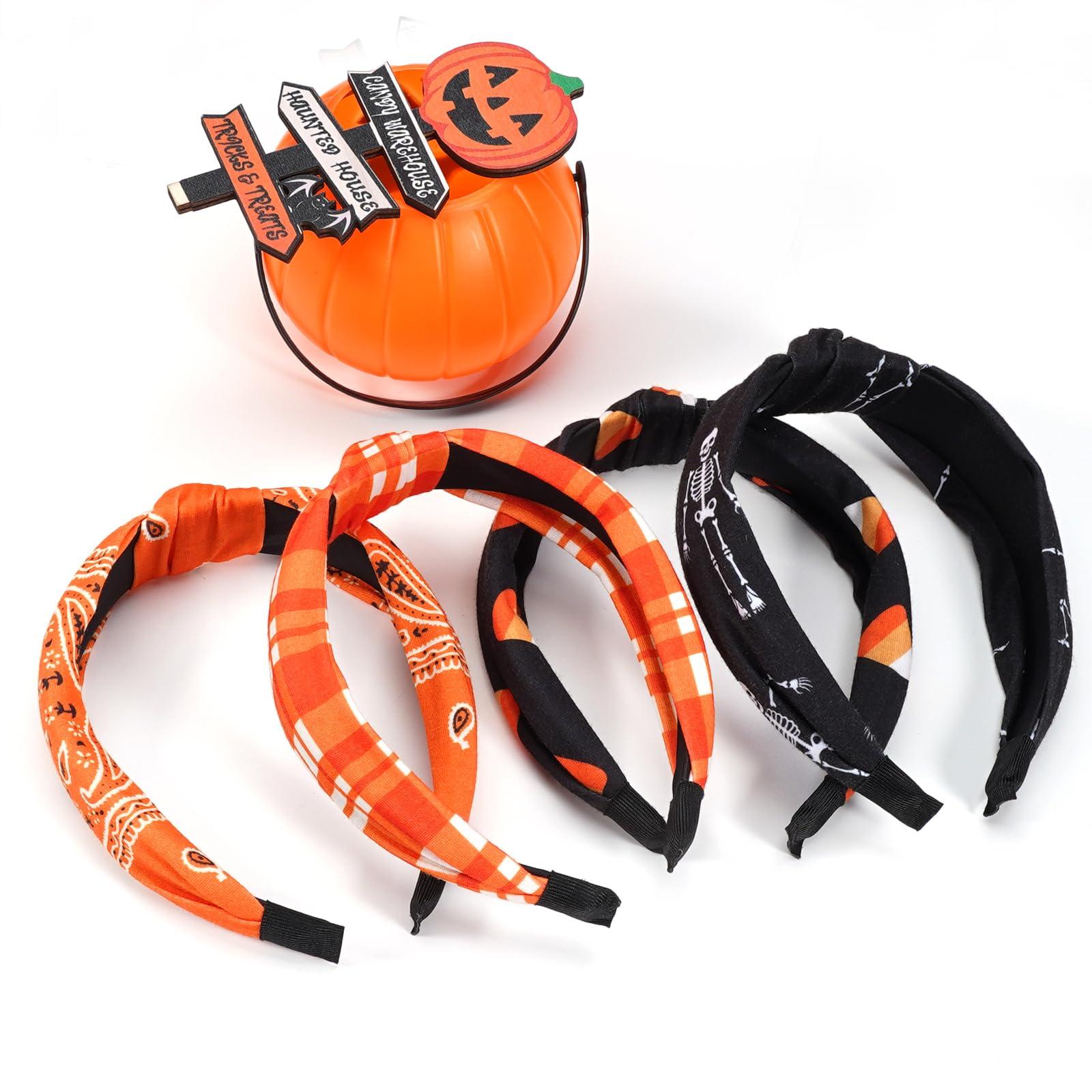 Bookay Halloween Headbands for Women Girls Skeleton Skull Candy Wide Knot Heabdand Fall Orange Bandana Plaid Hairbands Hair Accessories Halloween Party Outfit Gifts