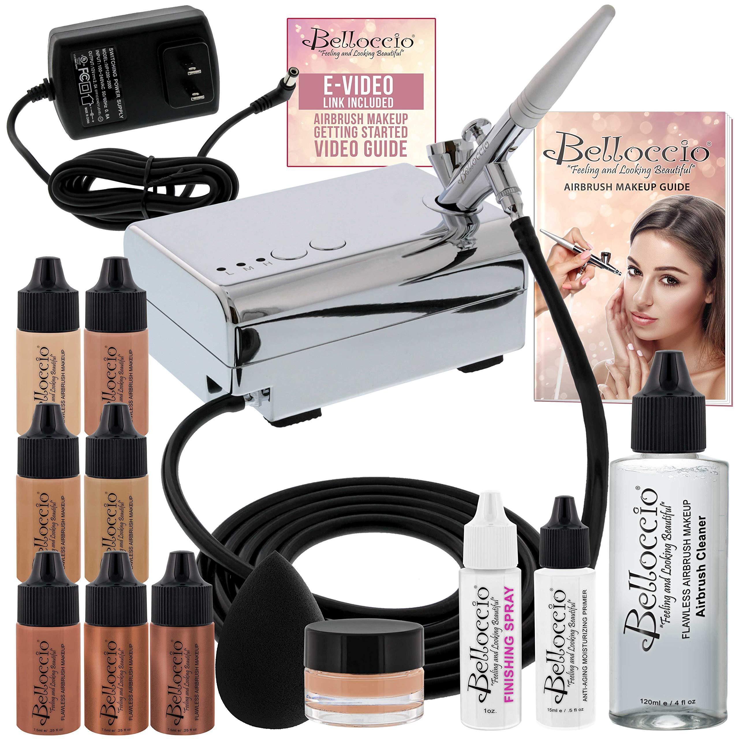 Belloccio Belloccio Professional Beauty Airbrush Cosmetic Makeup System with 4 Medium Shades of Foundation in 1/4 Ounce Bottles - Kit Includes Blush, Bronzer and Highlighters