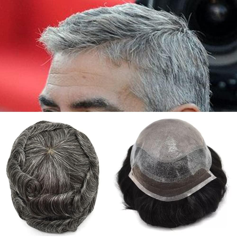 Generic Toupee For Men Hair System Mens Toupee Human Hair Swiss Lace Hair Piece Mens Hair Replacement System Injected PU Skin With Breathable Holes Covered With A Layer Of Lace On Top For Men Hair Unit Black Grey 8\'\'*10\'\' (8\'\'*10\'\', #350 3# DARK BROW