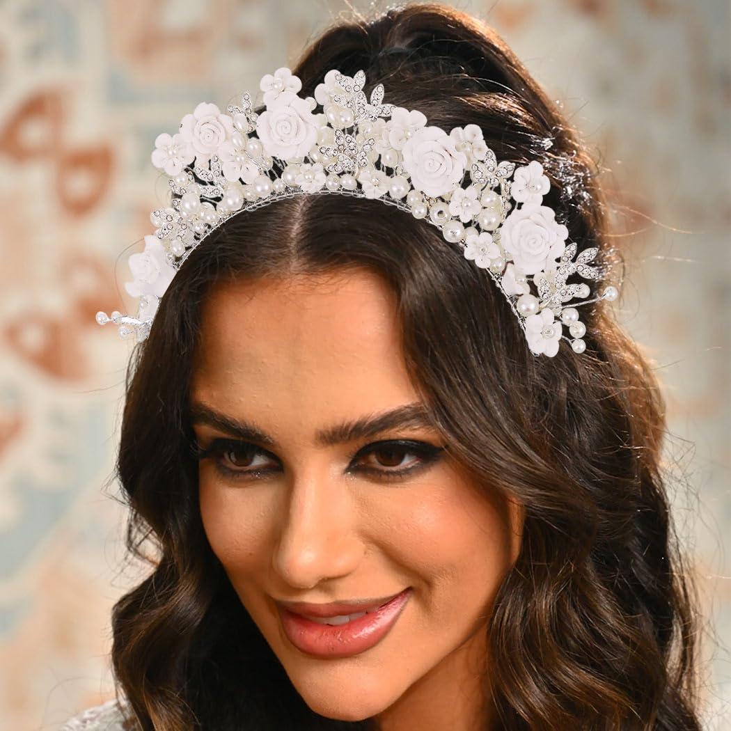 CAKURE CAKURE Flower Wedding Headband Silver Bridal Hair Band Pearl Floral Headpiece Wedding Hair Accessories for Women