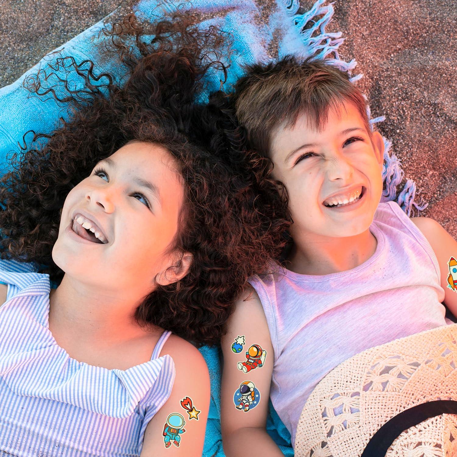 PARTYWIND Partywind Glow Space Tattoos for Kids, 150 Styles Luminous Spaceship Planets Astronaut Fake Tattoo Stickers for Space Birthday Party Supplies, Cute Goodie Bag Stuffers for Boys