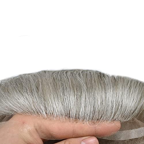 Generic Toupee for Men Human Hair Replacement Systems Full French Lace Mens Toupee Hairpieces Bleached Knots Swiss lace Hair Systems for Men All Lace Male Wig Unit(7X9\"-120% density#550 Medium Light Brown with 50% Gray )