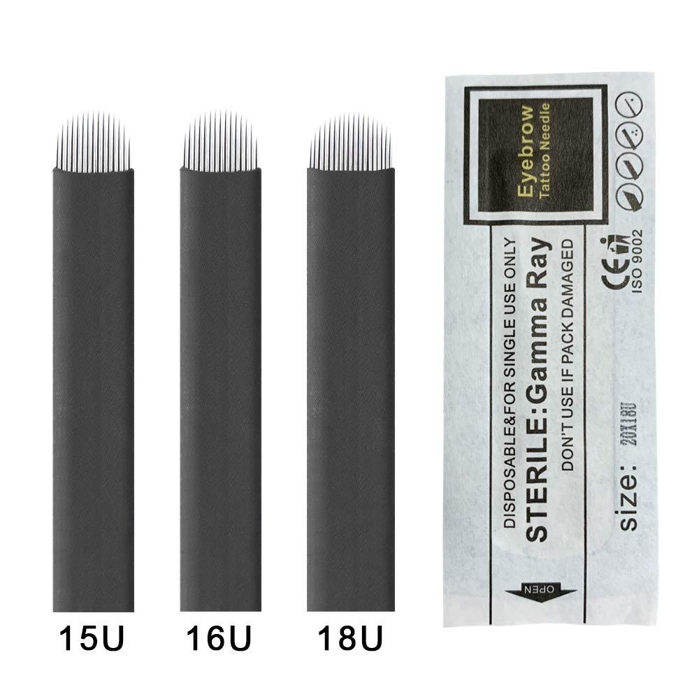 PMU Beauty 100PCS Black Flex Microblading U shape 18U Eyebrow Needles with 0.20mm Diameter 3D Embroidery for Tattoo Manual Pen Tattoo Inks Disposable Safe Healthy Tools (3 Sizes, U18)