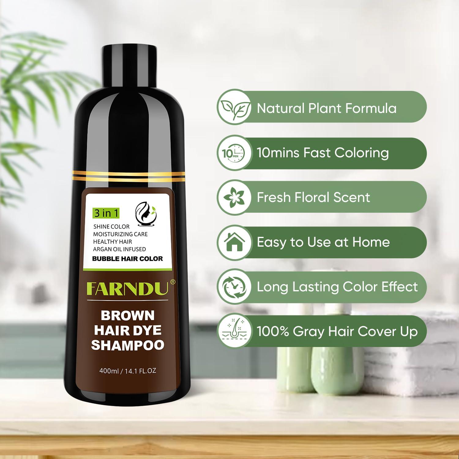 Farndu Brown Hair Dye Shampoo for Women Men, 100% Gray Hair Coverage, Natural Herbal Ingredients