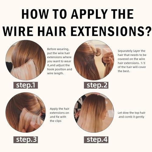 RUNATURE RUNATURE Wire Human Hair Extensions Dark Blonde Highlight Golden Blonde Fish Wire Hair Extensions Real Human Hair Invisible Wire Hair Extensions 16 Inch 80g