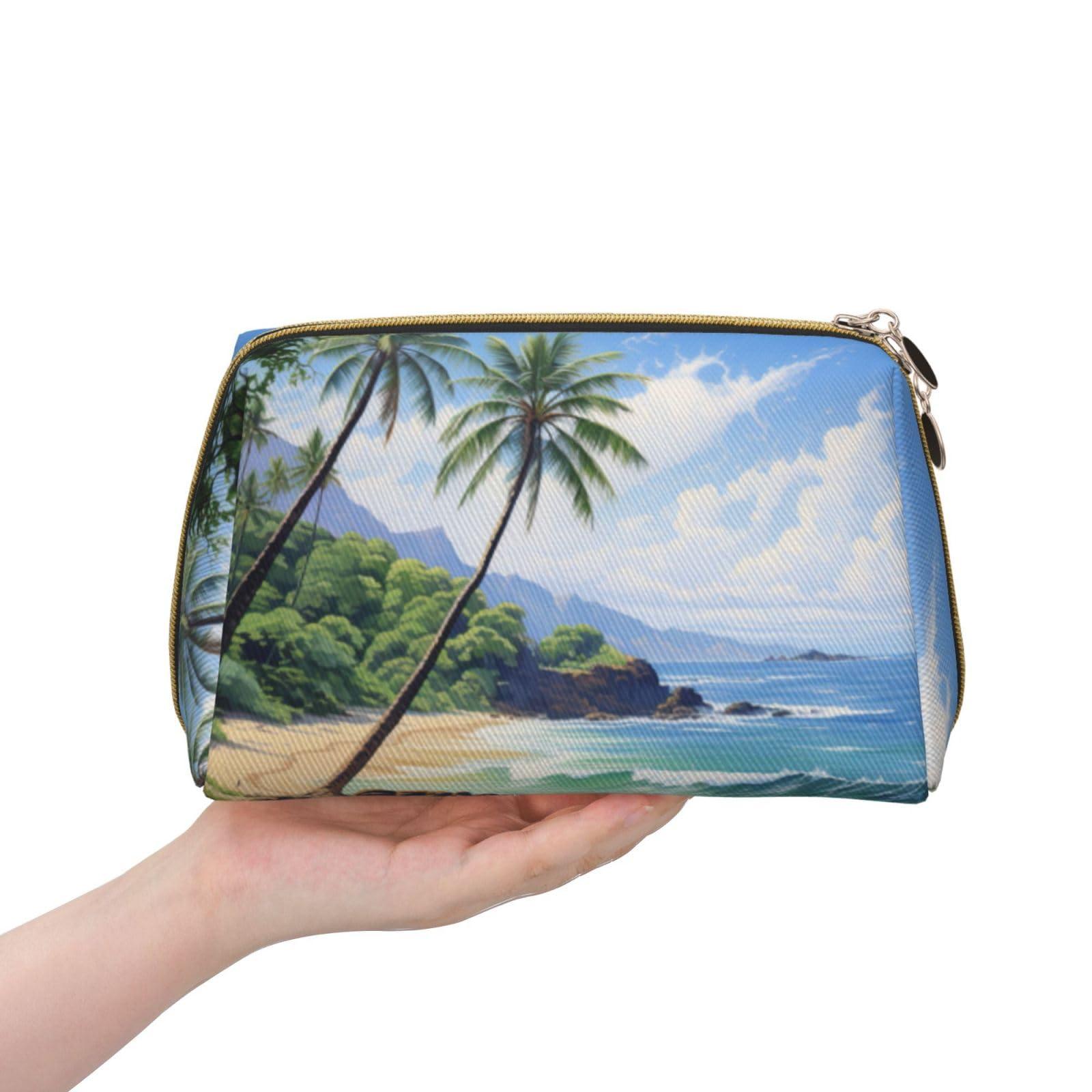 BREAUX BREAUX Hawaiian Beach With Palm Trees Print Organizer, Leather Clutch Zipper Cosmetic Bag, Portable Cosmetic Bag (Large)
