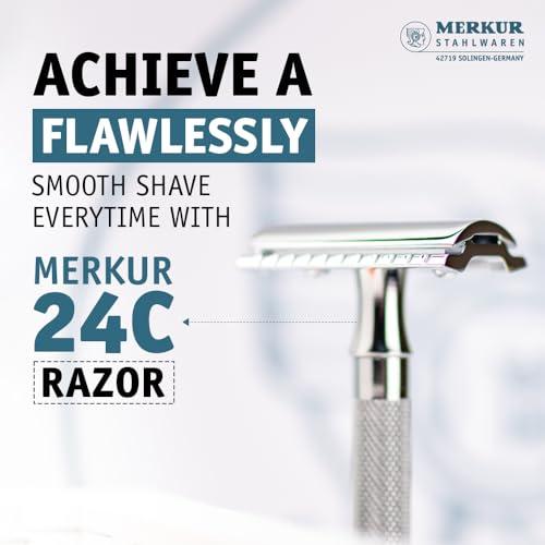 MERKUR MERKUR 24C Safety Razor For Women with 10 Double Edge Blades | Extra Long Handle | Three-piece Razor | Straight Cut | Bright Chrome Finish | Made in Germany