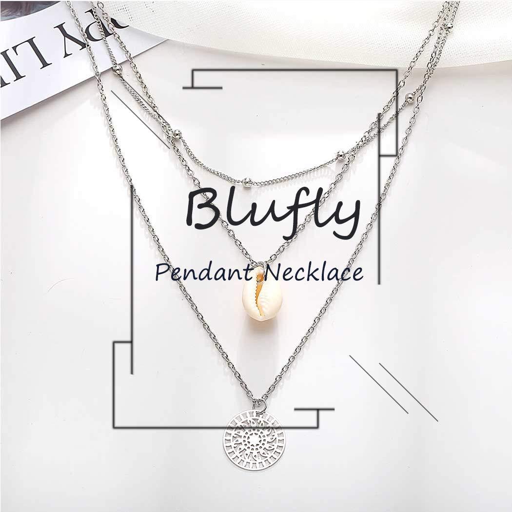 Blufly Blufly Layered Coin Pendant Necklace Silver Shell Necklaces Beads Necklace Chain Boho Jewelry for Women