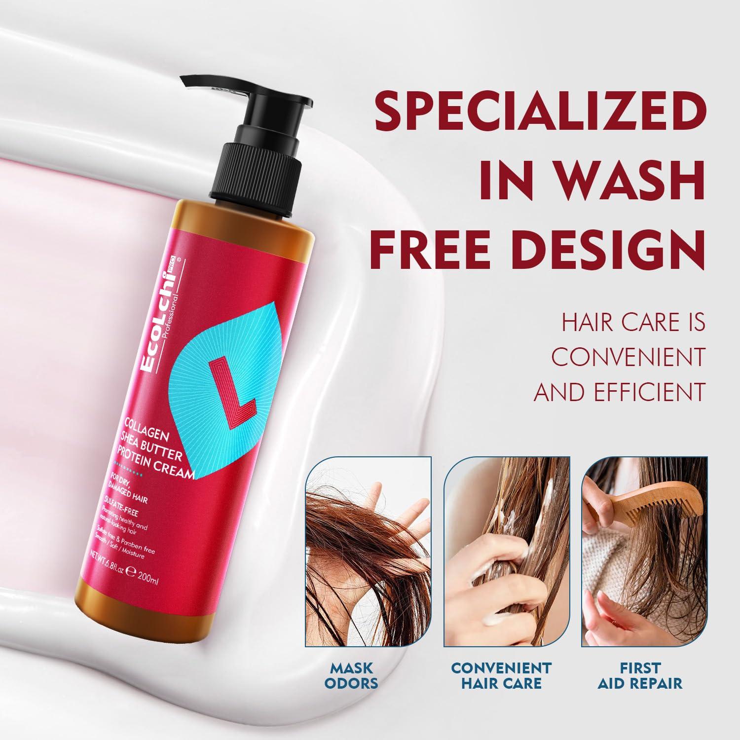 ECOLCHIPRO ECOLCHIPRO Ecolchi Collagen Leave-In Conditioner Cream Deep Restores Shea Butter Protein Cream Hair Treatment Smooth Glossy for Dry and Damaged All Hair Types 200ml 6.8 fl.oz