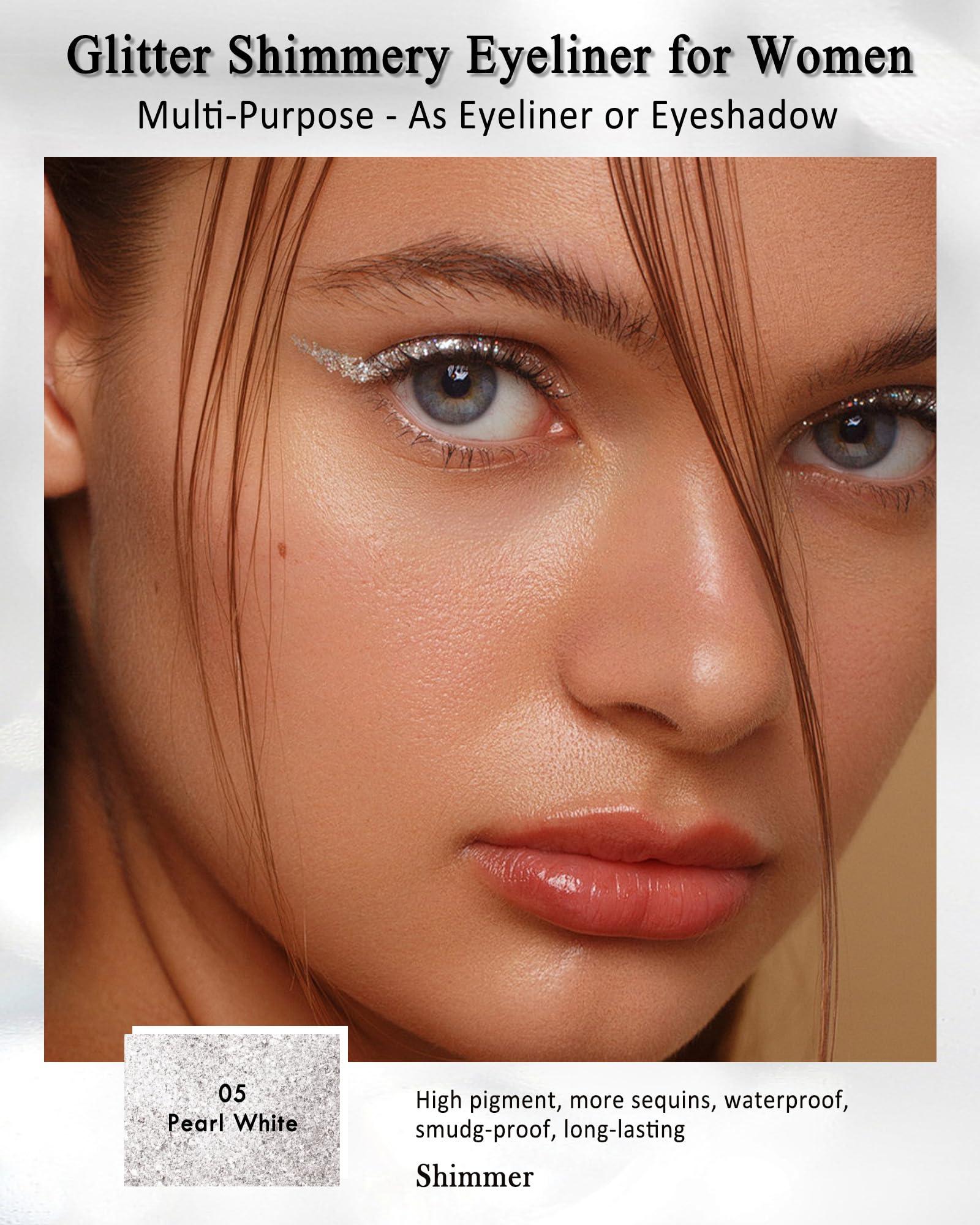 Lestpola White Glitter Eyeliner Pencil, Waterproof Smudge-Proof Long-Stay Retractable Eyeliner Pen, Cream Gel Eyeliner Waterline with Sharpener, Shimmer Highlighter Brightener Eye Liner Makeup Stick for Women