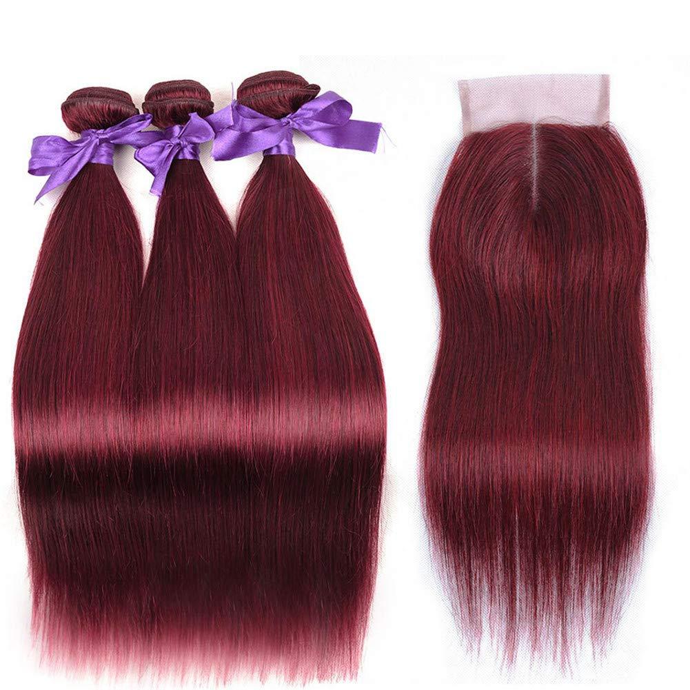 USHUIUS 99J Burgundy Hair Bundles With Closure Human Hair, Wine Red Straight Human Hair Bundles With 4x4 Lace Closure Brazilian Weave Hair Extensions 3 Bundles with Closure (14 16 18+12)