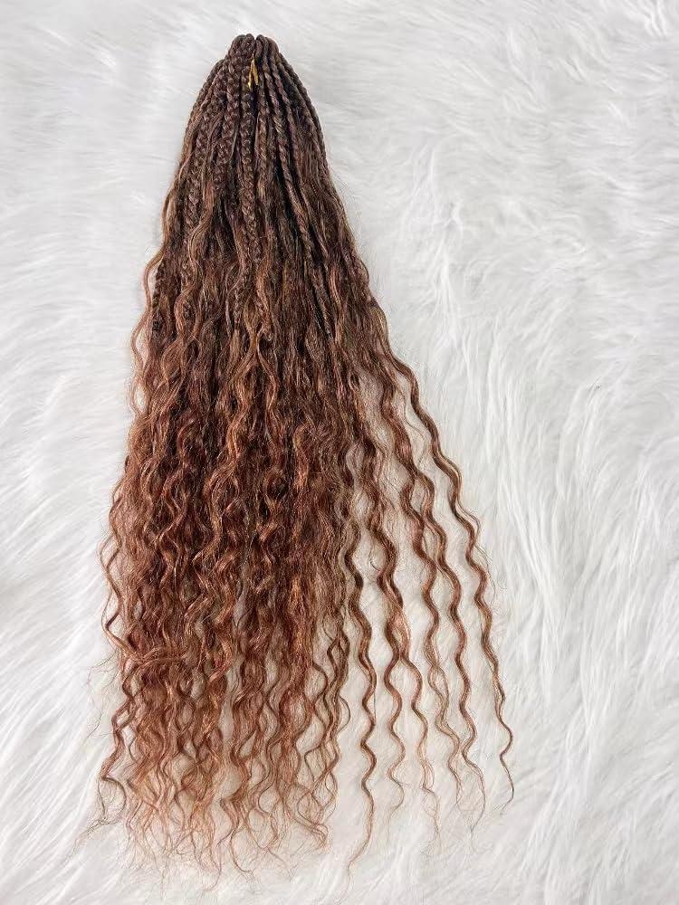 Francesca Hair Goddess Box Braiding Crochet Hair Pre-looped Synthetic Crochet Hair with Human Hair Curly Ends Hair Extensions #30 Auburn Color for Women 18 inch 2pack/80strands