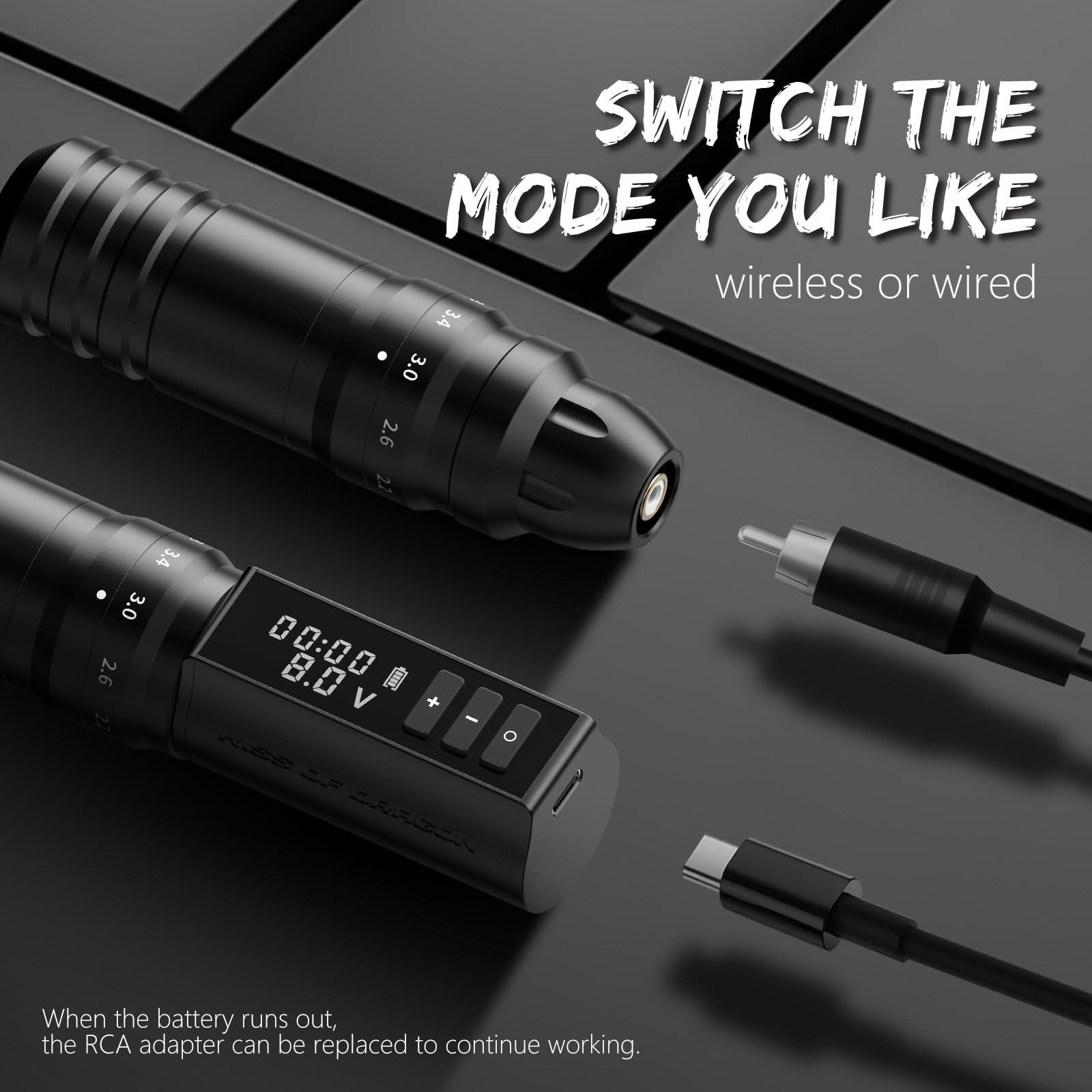 Kiss of Dragon Tattoo Gun Wireless tattoo machine, 2400mAh Rotary Tattoo Machine with 6 stroke length Options, Pro Tattoo Guns with Motor Power reliable for all kinds of needles, ink-Kiss of Dragon