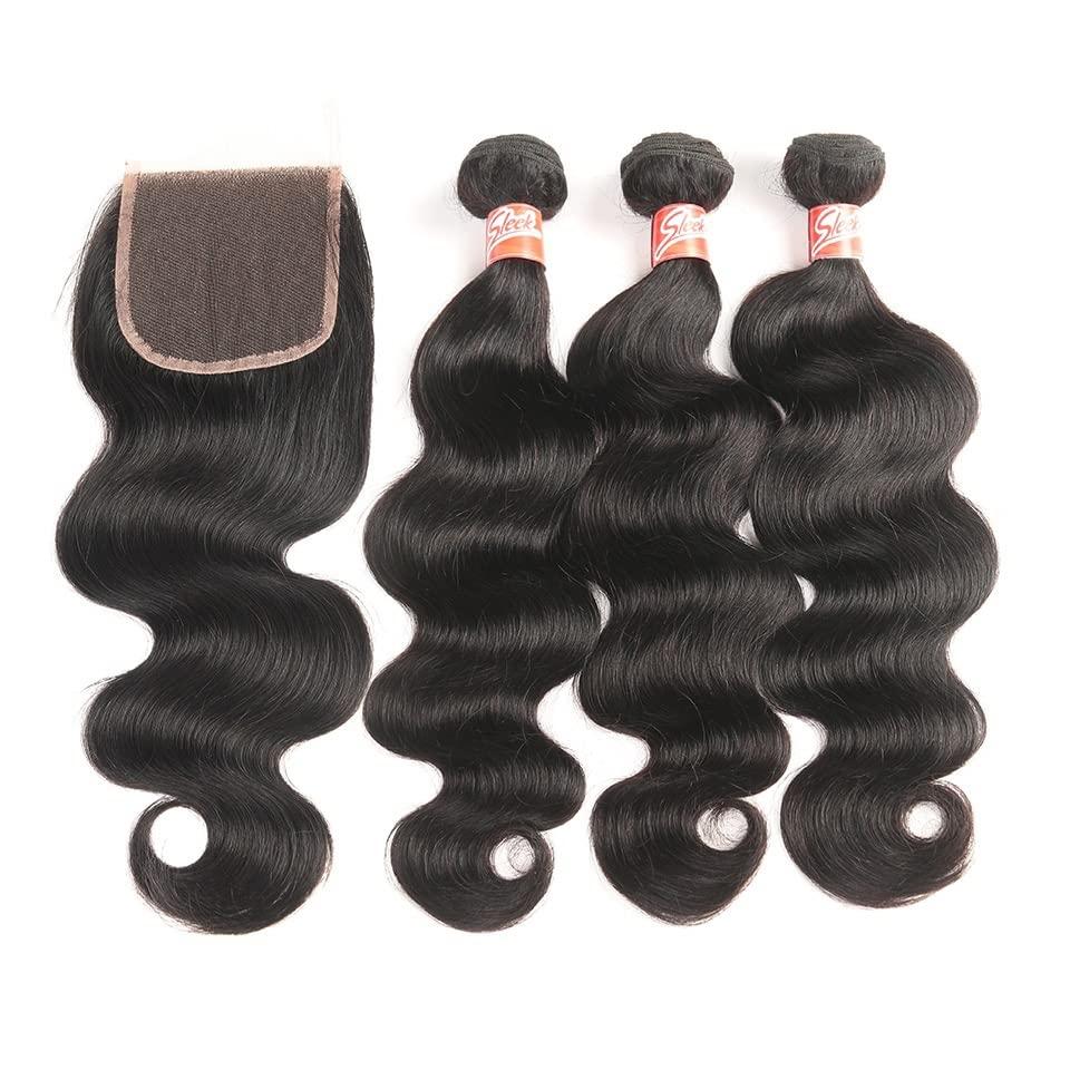 GRFIT Human Hair Bundles Body Wave 3 Bundles with Closure Human Hair Bundles with Closure Brazilian Virgin Body Wave Human Hair Weave Bundles with Lace Closure hair bundle/Hair Extensions (Size : 10 12 14+