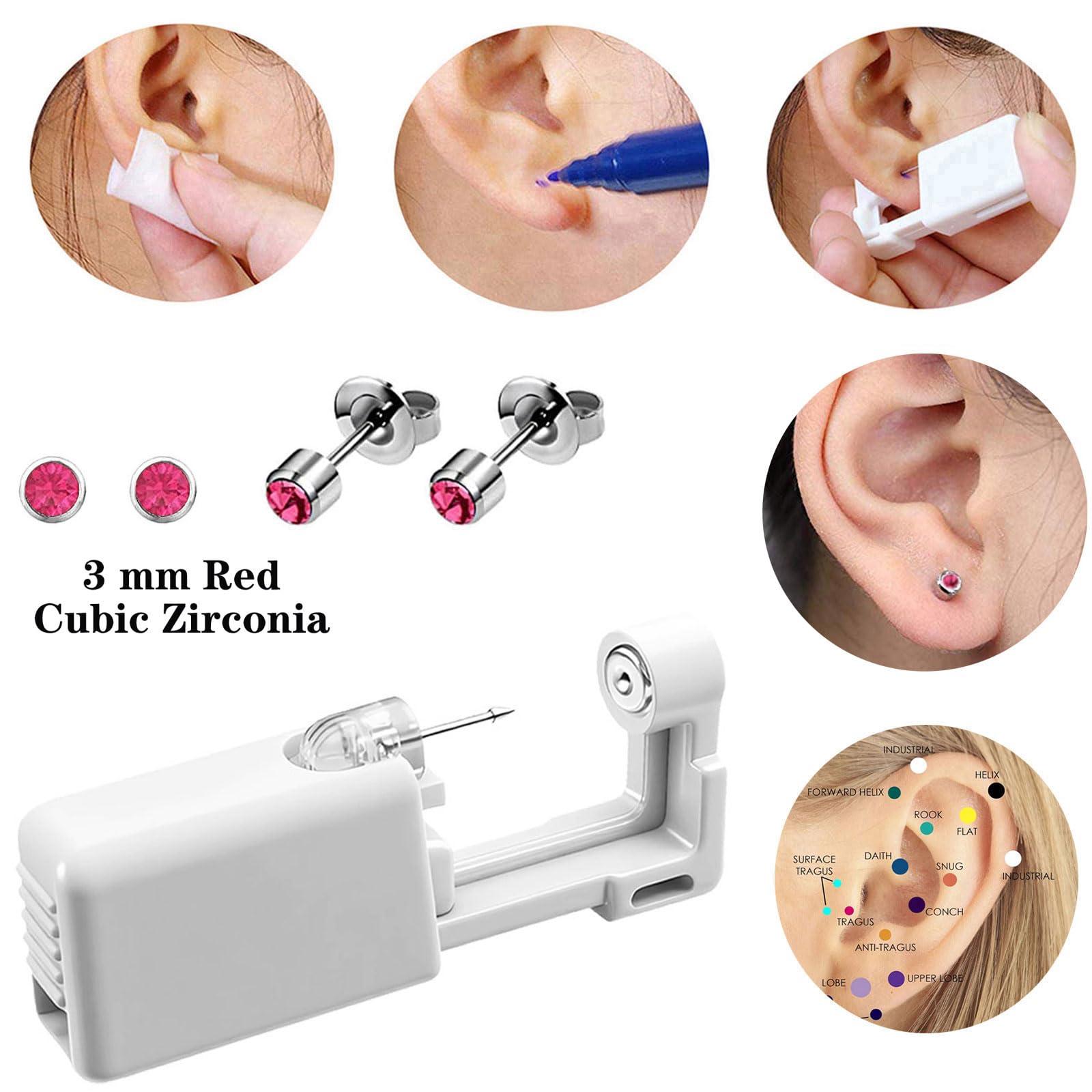 SLVIEKAE Ear Piercing Kit 4 Pcs Ear Piercing Gun Disposable Ear Piercing Gun Kit with Cubic Zirconia Silver Earring Studs (Red)