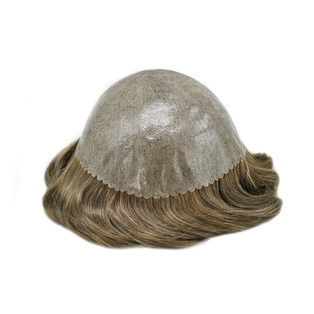 Hair Wonders Toupee for Men Hair Piece Real Human Hair Full Poly Skin Mens Toupee Men Hair System Hair Replacement Systems for Men Invisible Hair Pieces for Men #1710 17# DARK ASH BLONDE+10% GREY 6x9