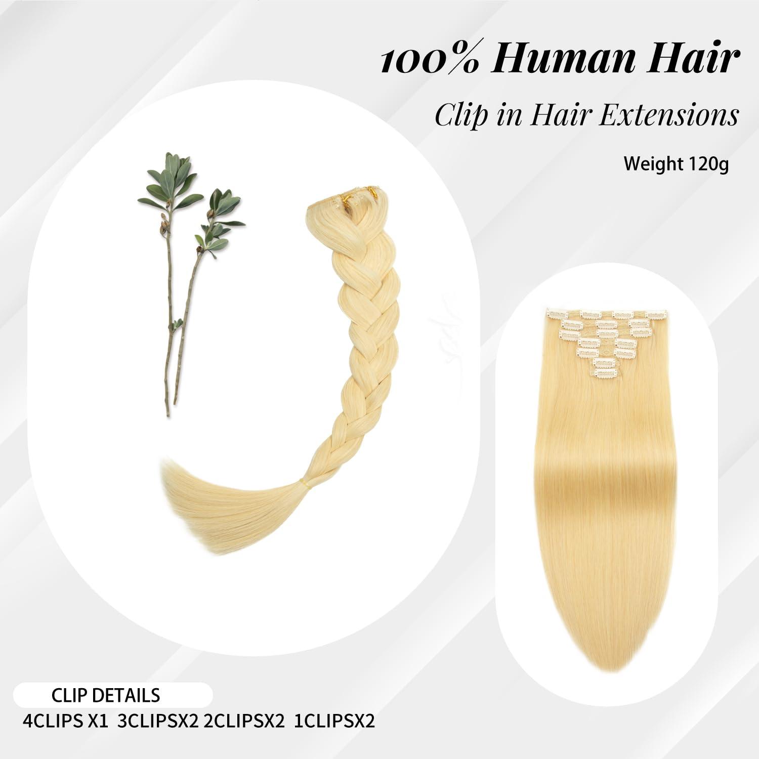 Houlud Blonde Clip in Hair Extensions Real Human Hair Straight 24 Inch 7pcs 120g Clip ins Hair Extensions Brazilian Remy Human Hair 16 Clips Double Weft Human Hair For Women