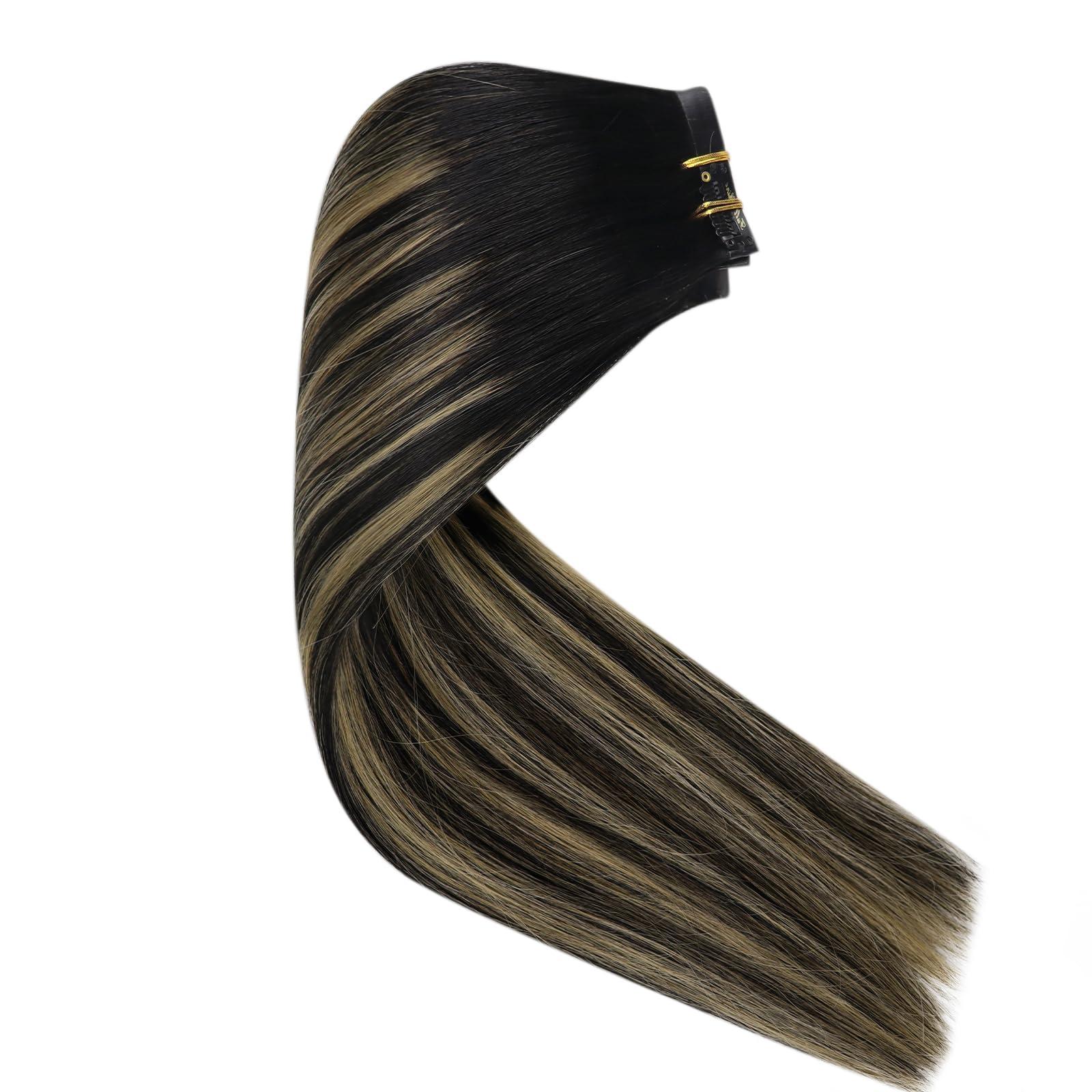 Full Shine Full Shine Human Hair Extensions Balayage Clip in Hair Extensions Off Black to Black With Caramel Blonde Hair Extensions Real Human Hair PU Weft Straight Black Blonde Hair Extensions 120Grams 18 Inch