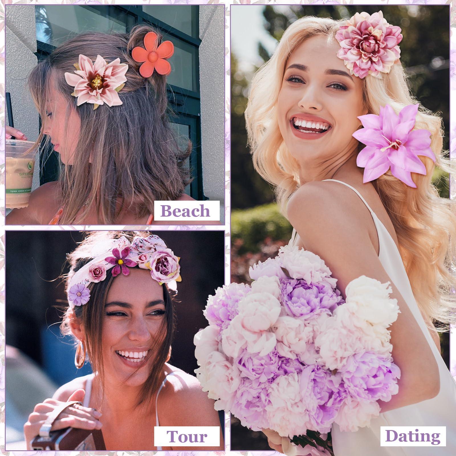Giesiery 36 Pcs Flower Hair Clips Artificial Hair Flowers Clips Purple Flowers Mix Silk Flowers Dahlia Roses with Clip for DIY Wedding Bridal Hairstyles, Baby Shower, Costume Decor