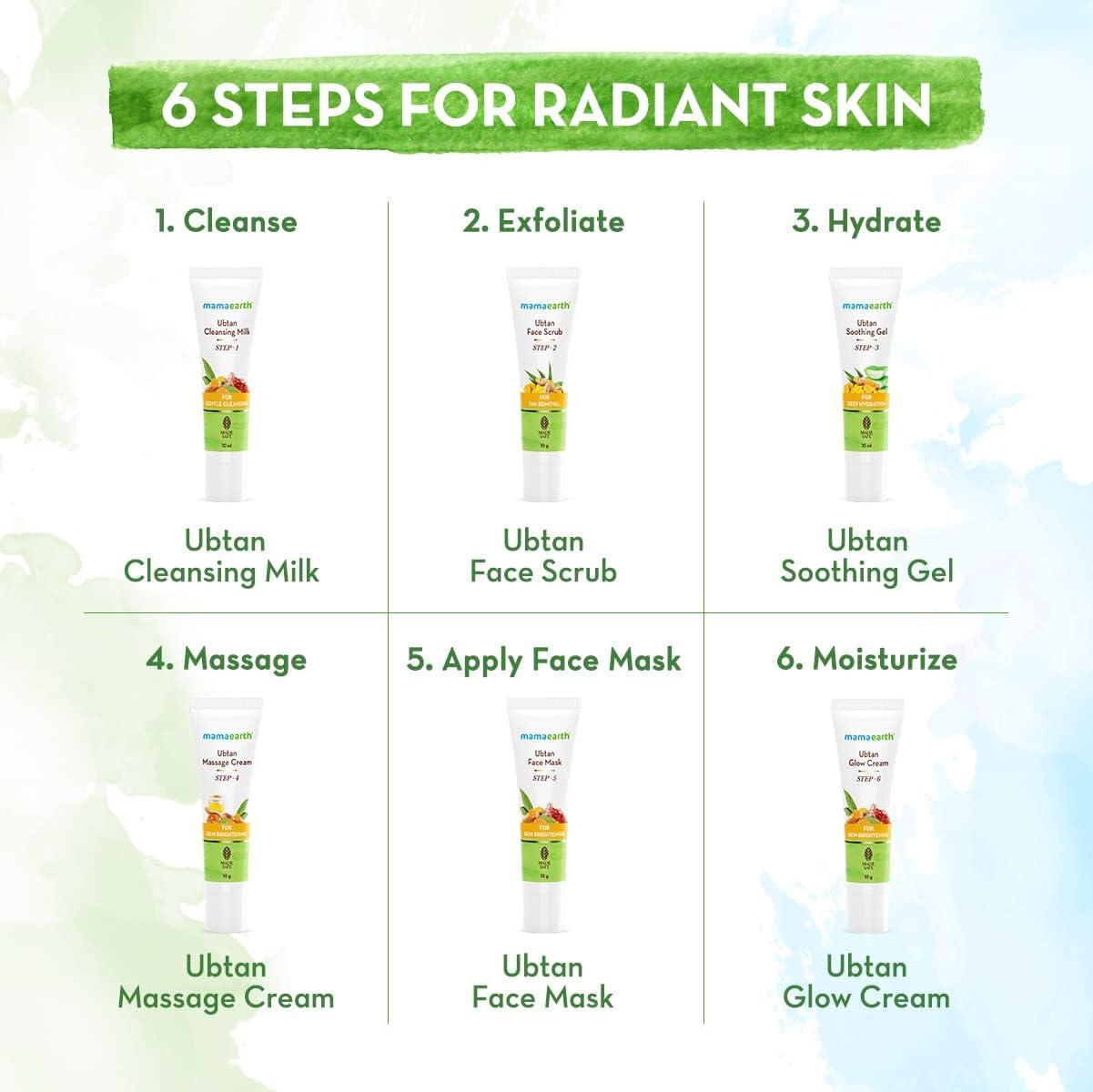 MAMAEARTH Mamaearth Ubtan Single Use Facial Kit | Gives Long Lasting Glow in Just 6-Steps | Includes Cleanser, Scrub, Gel, Massage Creams & Face Pack | Turmeric & Saffron Infused | 2.12 Oz/60g