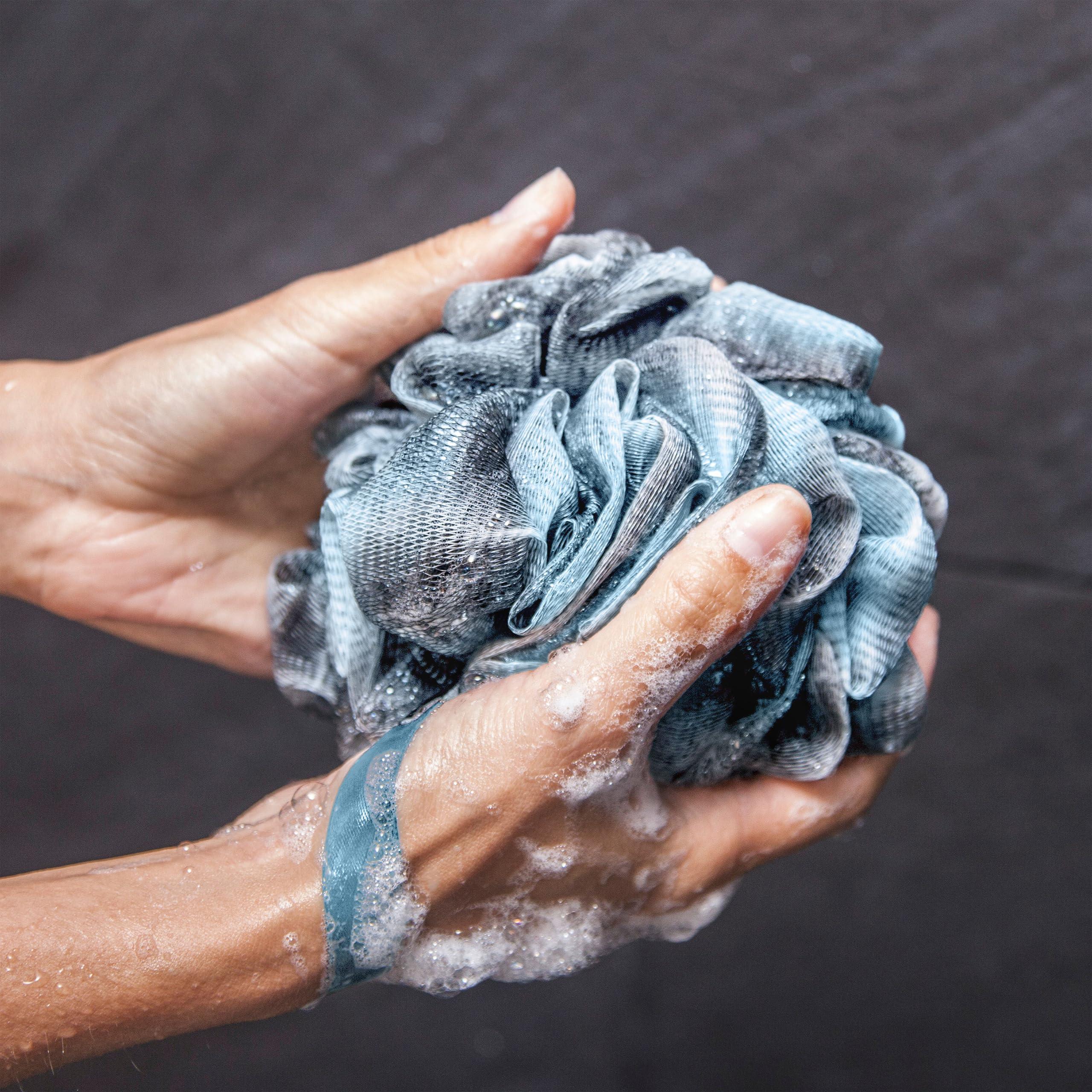 toem Toem Loofah Back Scrubber for Shower | Bamboo Charcoal Fiber Infused | Loufas for Men & Women | Includes 1 Long Handled Shower Sponge, 1 Bath & Shower Luffa Pouf & 1 Hook to Hang Stuff (Sky Blue)