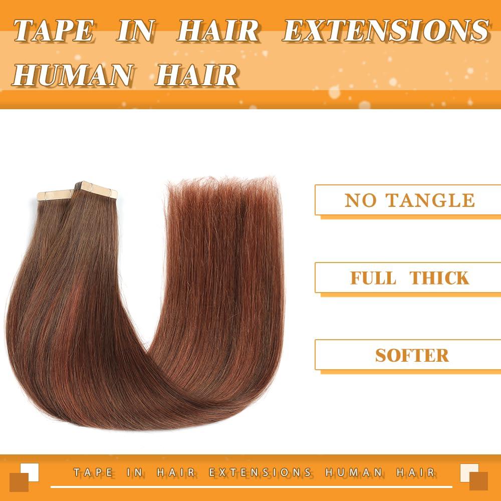YDDM 20pcs 14 Inch Tape in Hair Extensions, Chocolate Brown Mixed Dark Auburn Tape in Hair Extensions Human Hair Straight Tape Ins Invisible Remy Tape in Hair Extensions Human Hair (4/4/33A#, 14 Inch)