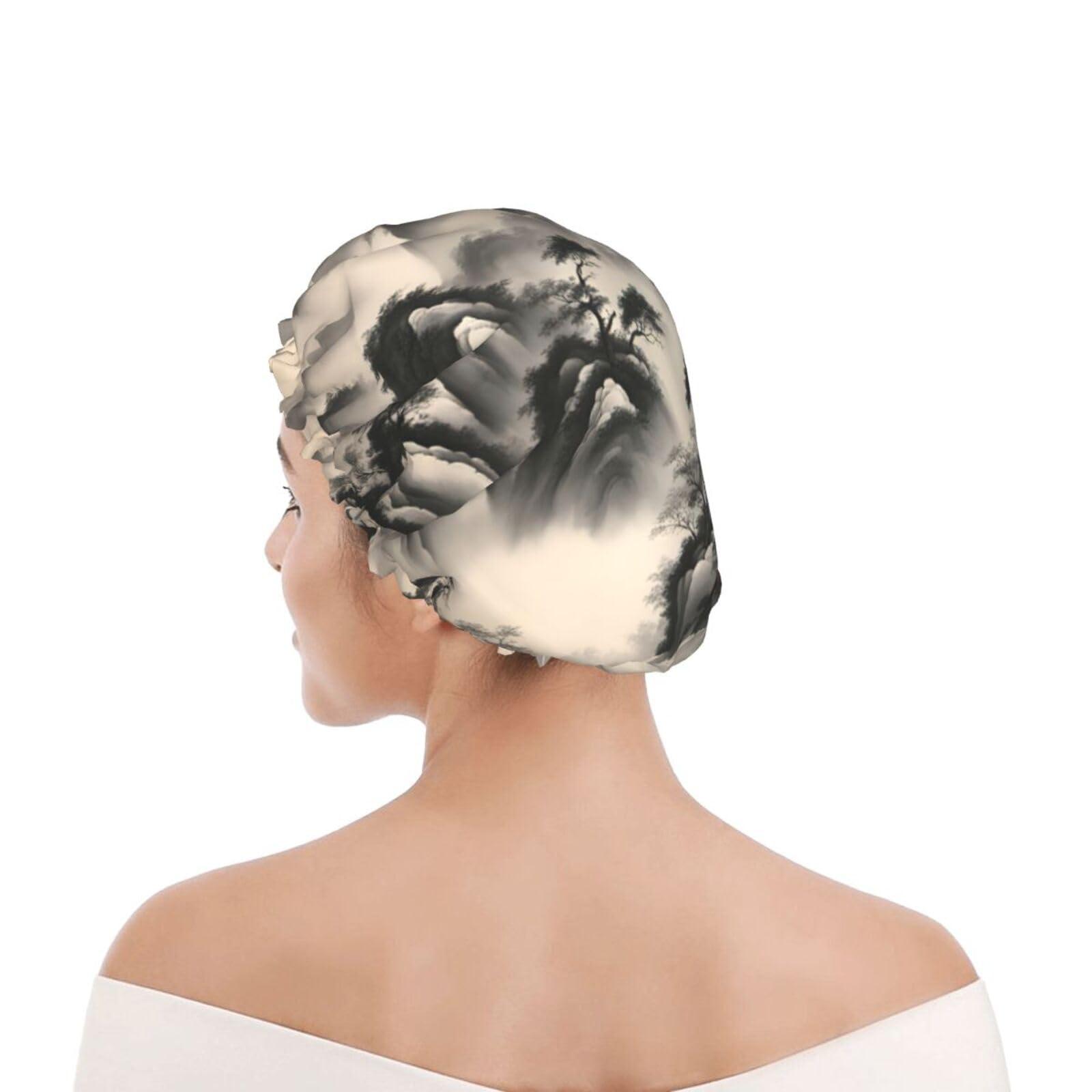 QHWLR Cap For And Women Stylish Shower Capslandscape Paintingprint With Reusable Waterproof Bathing Shower Hat For Ladies