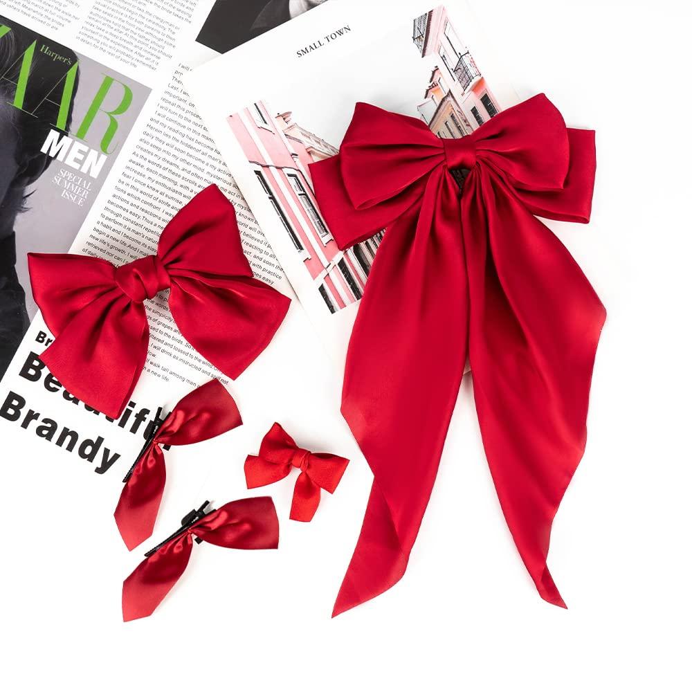 DIKEWEN Red Hair Bow - 5PCS Hair Bows for Women Big Red Bow for Hair Oversized Ribbon Bowknot Hairclip Soft Silky Satin Hair Bow Long Tail Hair Bows Clips French Barrette Hair Accessories Gift for Women Girls