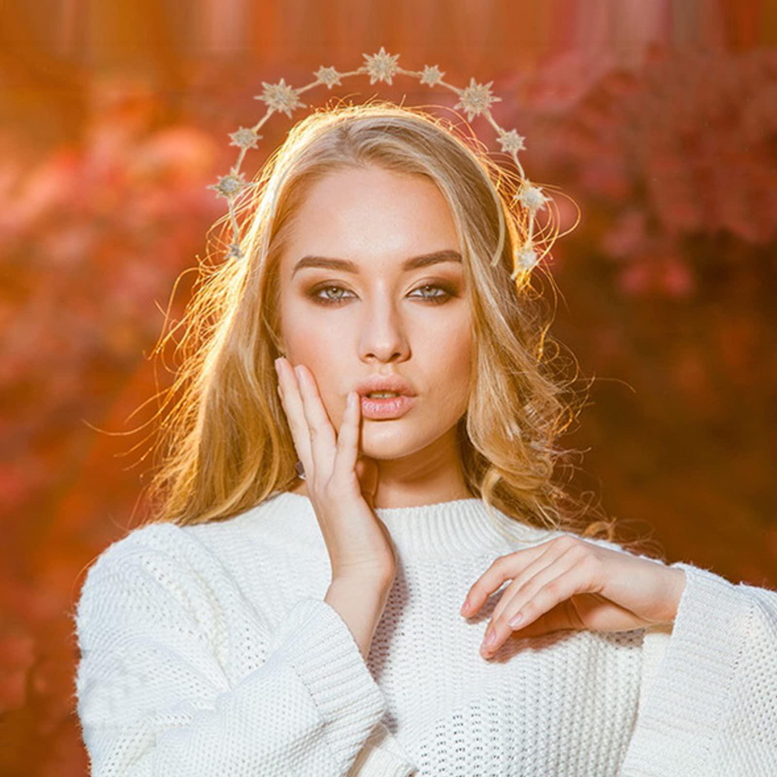 GFLPO GFLPO Halo Crown Moon Stars Goddess Crown Halo Headband Star Headband Giltter Rhinestone Halo Crown Headband Gold Halo Crown Headpiece