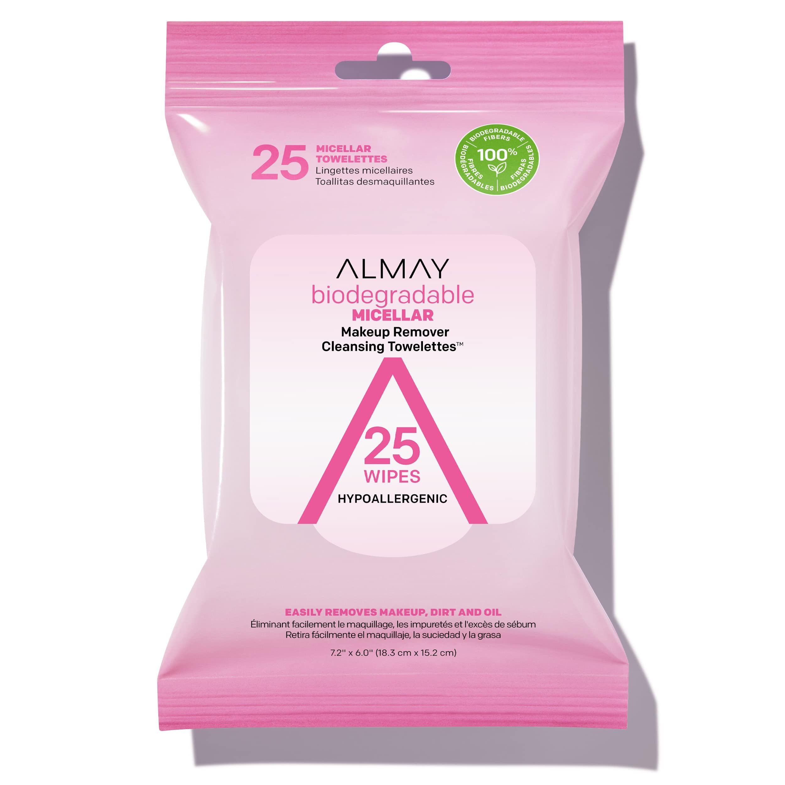 Almay Almay Makeup Remover Cleansing Towelettes, Biodegradable Micellar Water Wipes for Sensitive Skin, Hypoallergenic, Cruelty- & Fragrance-Free, 25 Count