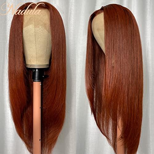 Nadula Nadula Reddish Brown 13x4 Lace Front Layered Butterfly Haircut Straight Wig Human Hair for Women,12A Malaysian Silky Straight Transparent Lace Frontal Human Hair Wigs Pre Plucked with Baby Hair 18inch