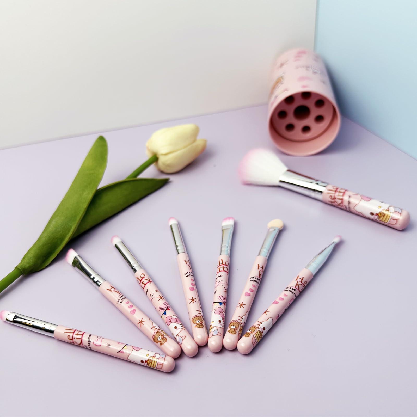 Holymid Kawaii Kitty 8PCS Makeup Brush with Storage Bucket and Headband, Cartoon Cat Cosmetic Makeup Brush Set Professional Tool Kit Set Brush Set Best Gift for Girl Women