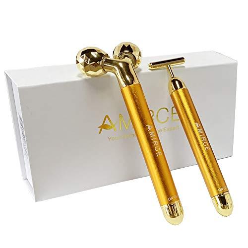Amirce Amirce Face Massager Roller Golden 3D Roller Electric Facial Roller and T Shape Facial Roller Massager Kit Face Roller