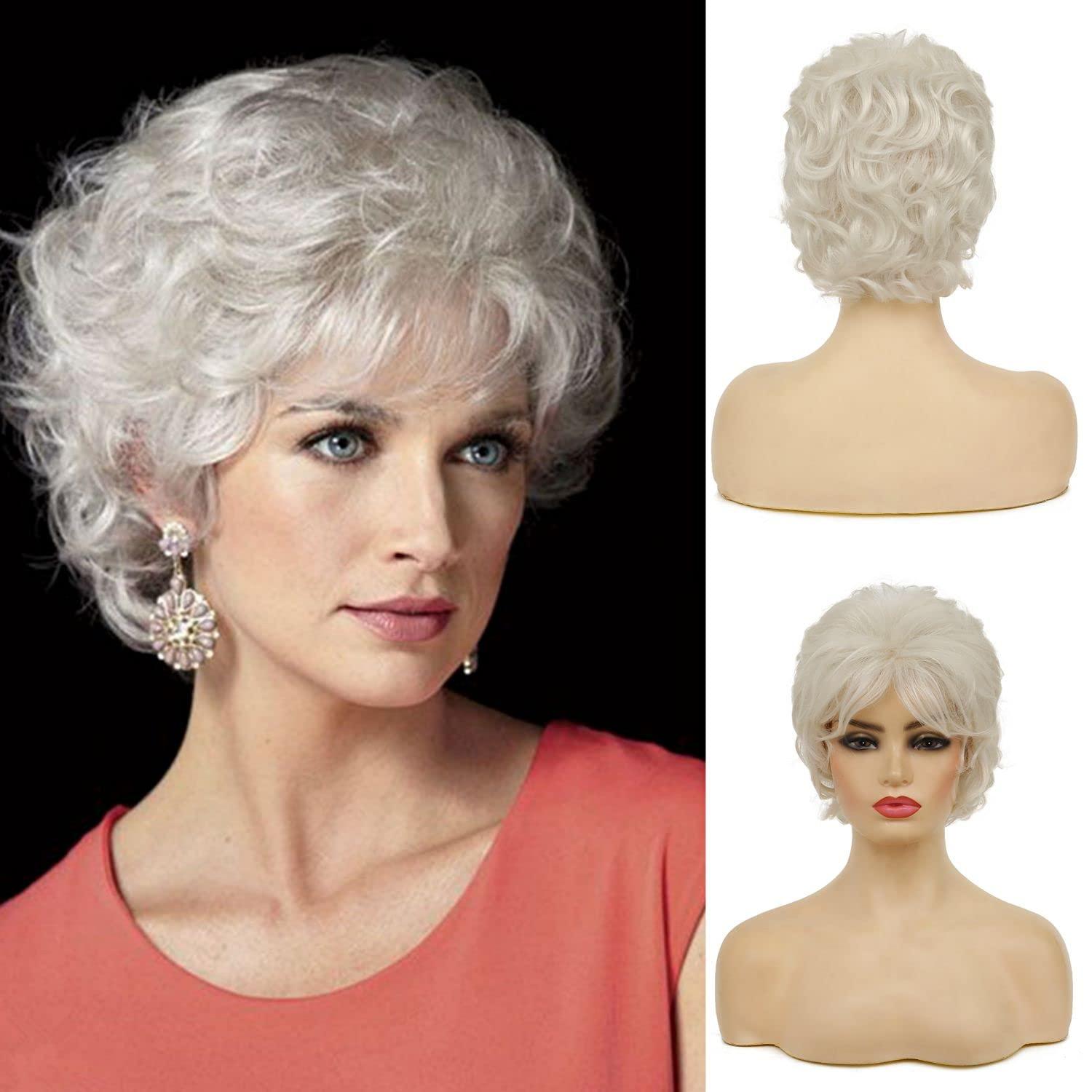 Beweig Beweig Short Curly White Wigs for Women Fluffy Natural Looking Synthetic Hair Daily Wigs for Old Ladies