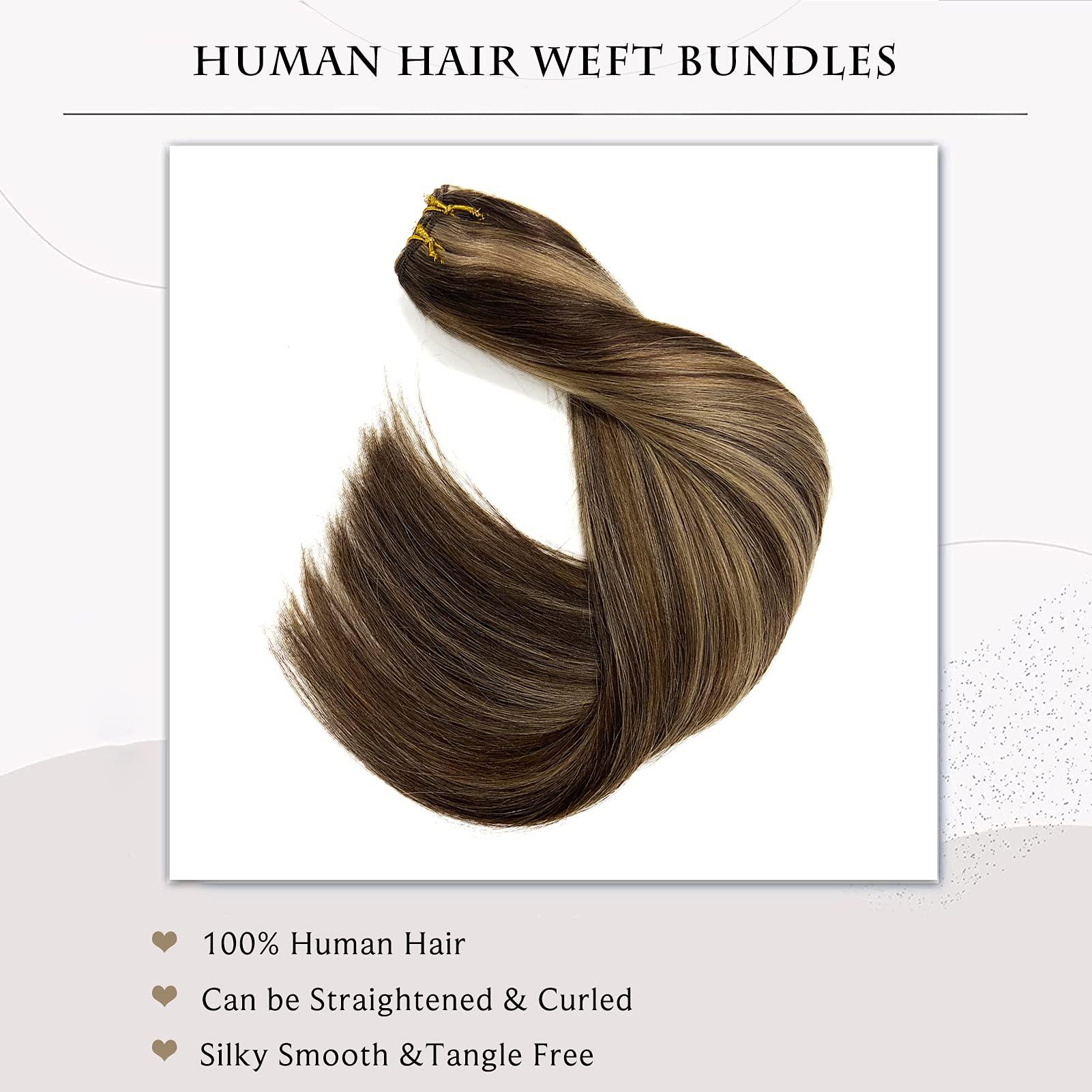 Ubetta Sew in Hair Extensions Real Human Hair,Balayage Weft Hair Extensions Human Hair Dark Brown Highlighted Ash Brown Hair Extensions Human Hair Bundles Hand Tied Weft Hair Extensions Human Hair 22" 120G