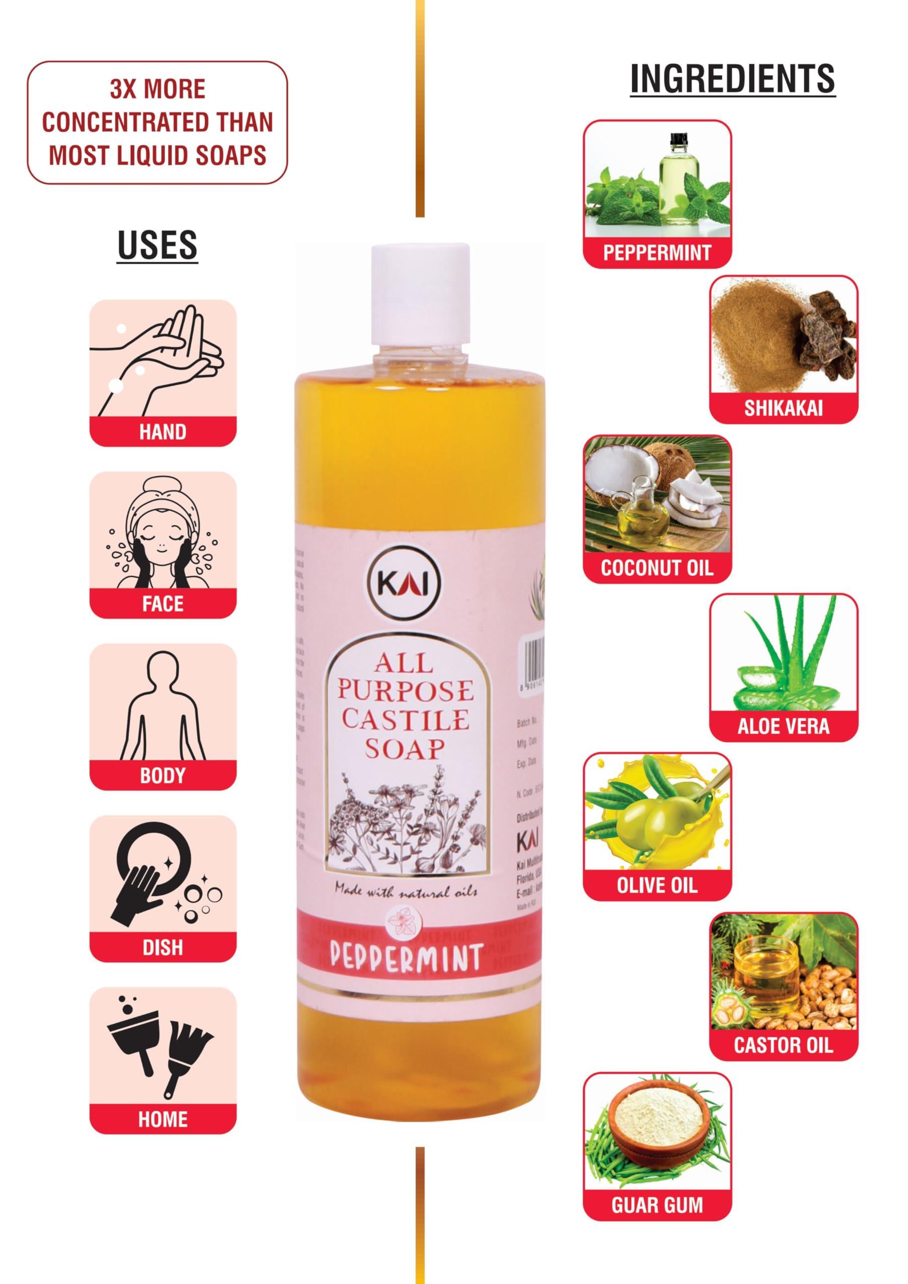 KAI Kai All Purpose Pure Castile Soap | Natural and Multi-Surface Liquid Soap | Organic Soap for Face, Body, Hand, and Hair | Used for Dishes, Pets, Laundry, and Mopping | Peppermint - 32 Fl Oz - 3 Pack