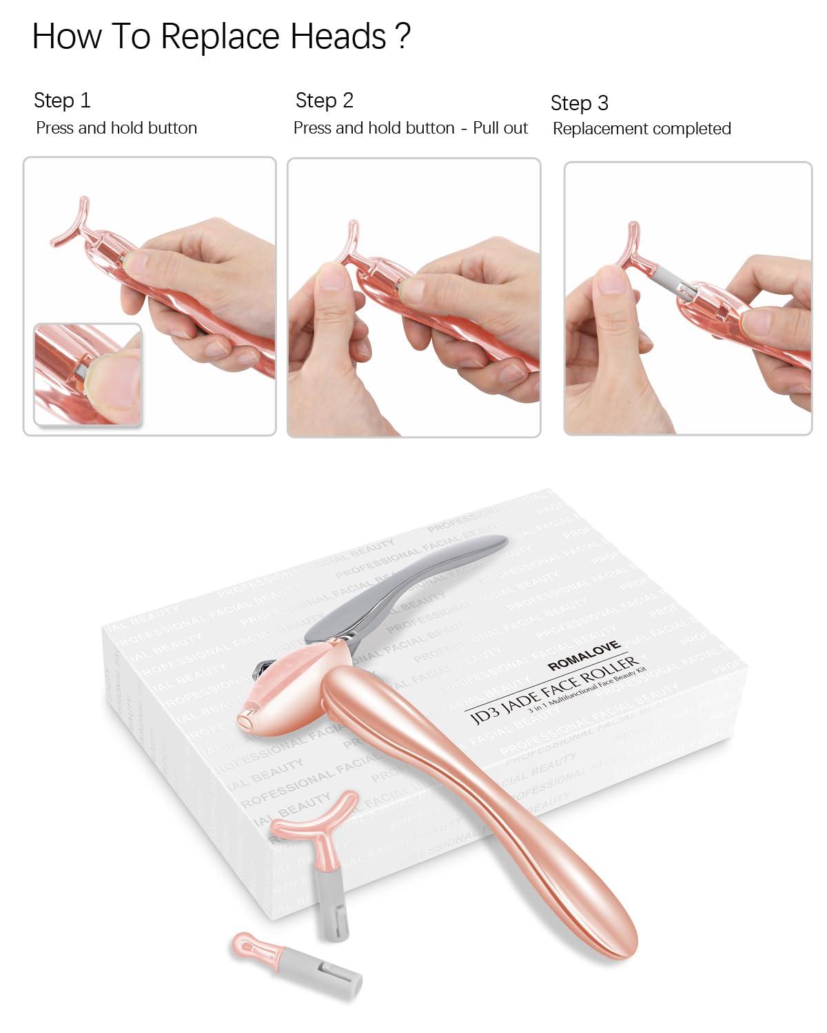 ROMALOVE ROMALOVE Jade Facial Roller, Jade Face Roller Massager with 3 Interchangeable Heads for Women Routine Skin Care, Reduce Puffiness Wrinkling Rejuvenate Skin (Pink Roller + Rose Gold)