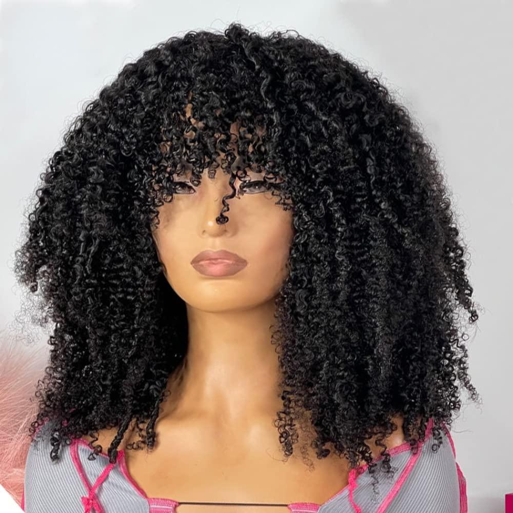mszyhuwan Afro Mongolian Hair Kinky Curly Human Hair Wigs For Black Women Curly Bob Wigs With Bangs Glueless No Lace Wig Natural Color Remy Hair Brazilian 200 Density Full Machine Made Scalp Top Wig 16 Inch