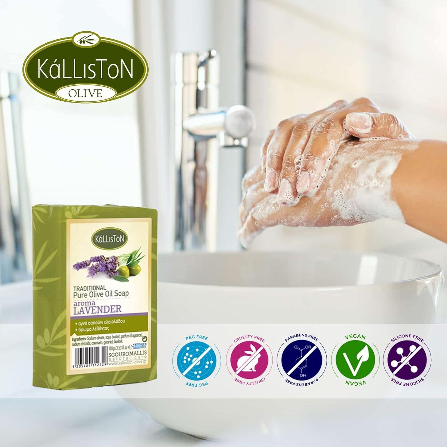 Kalliston Kalliston, Olive Oil Soap with Lavender extract and volcanic Pumice Stone, all-natural soap bars, product of Crete, Greece, Pack of 4