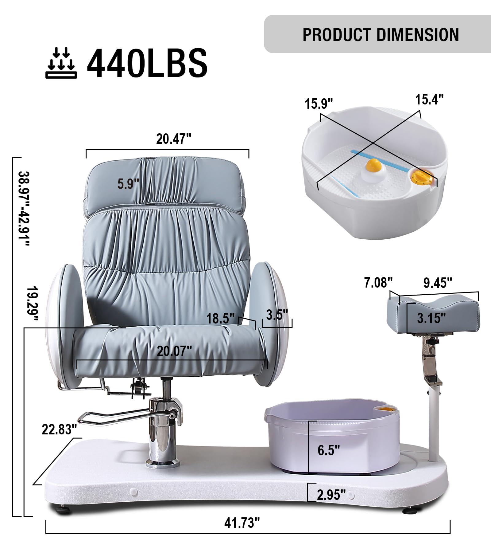 OKAKOPA OKAKOPA Pedicure Chair No Plumbing for Nail Tech, 360 Swivel Reclining Pedicure Unit w/Bowl and Footrest, Hydraulically Adjustable Height Spa Pedicure Chair Station for Foot Spa, Grey