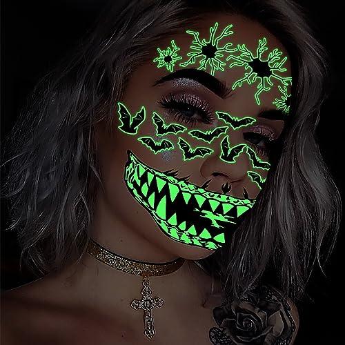 Doneace 10 Sheets Halloween Glow In The Dark Tattoos Face Luminous Temporary Tattoo Waterproof Last Long Glitter Tattoos Stickers Scary Zombie Makeup Kit For Kids Women Girls Boys Adults Party Supplies