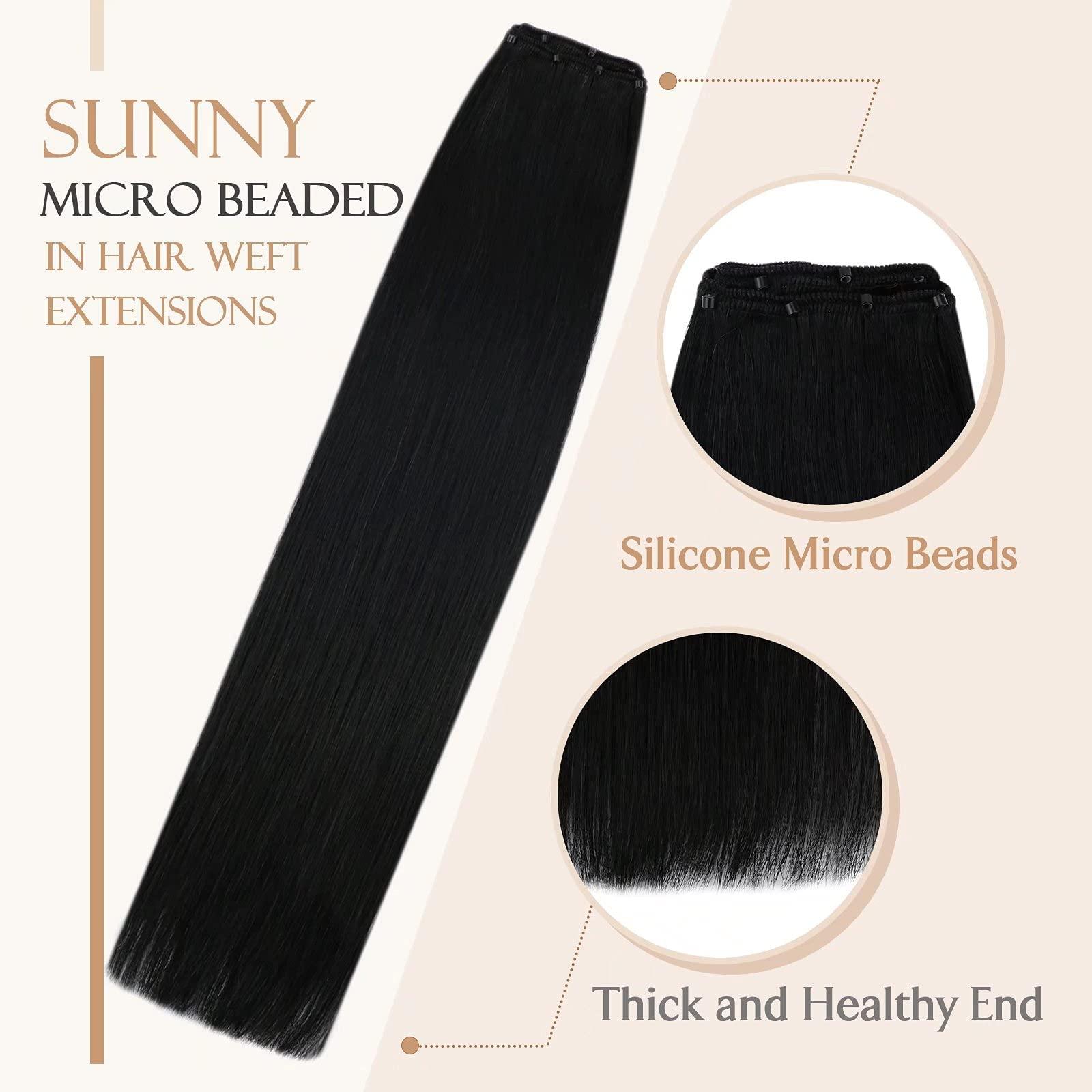Sunny Hair Sunny Hair Beaded Weft Hair Extensions Human Hair 50G Micro Bead Hair Extensions Real Human Hair Vigorous Straight Weft Hair Extensions with Micro Beads Jet Black 16 inch