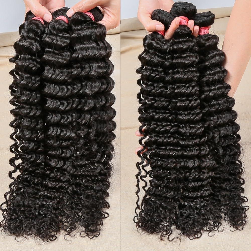 YOCYTU 12A Deep Wave Human Hair Bundles 26 28 30 Inch Brazilian Deep Wave Curly Bundles Human Hair 3 Bundles 100% Unprocessed Virgin Remy Wet and Wavy Human Hair Weave Bundles Deals Natural Black