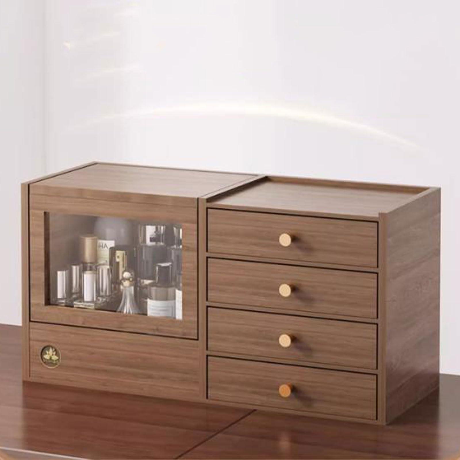 SGUM-SR Makeup Storage Organizer Wooden Makeup Organizer with 4 Drawers and Built-in Mirror, Sturdy Solid Wood Storage Box for Makeup, Accessories, Jewelry and More, Compact Dressing Table Organizer Cosmetics