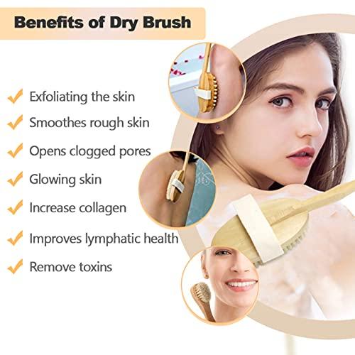 Ptvale Dry Brush for Cellulite and Lymphatic, Dry Brushing Body Brush Set Natural Boar Bristles Exfoliating Back Scrubber with Long Handle Face Brush and Cellulite Massager for Dead Skin Removing 3 PCS
