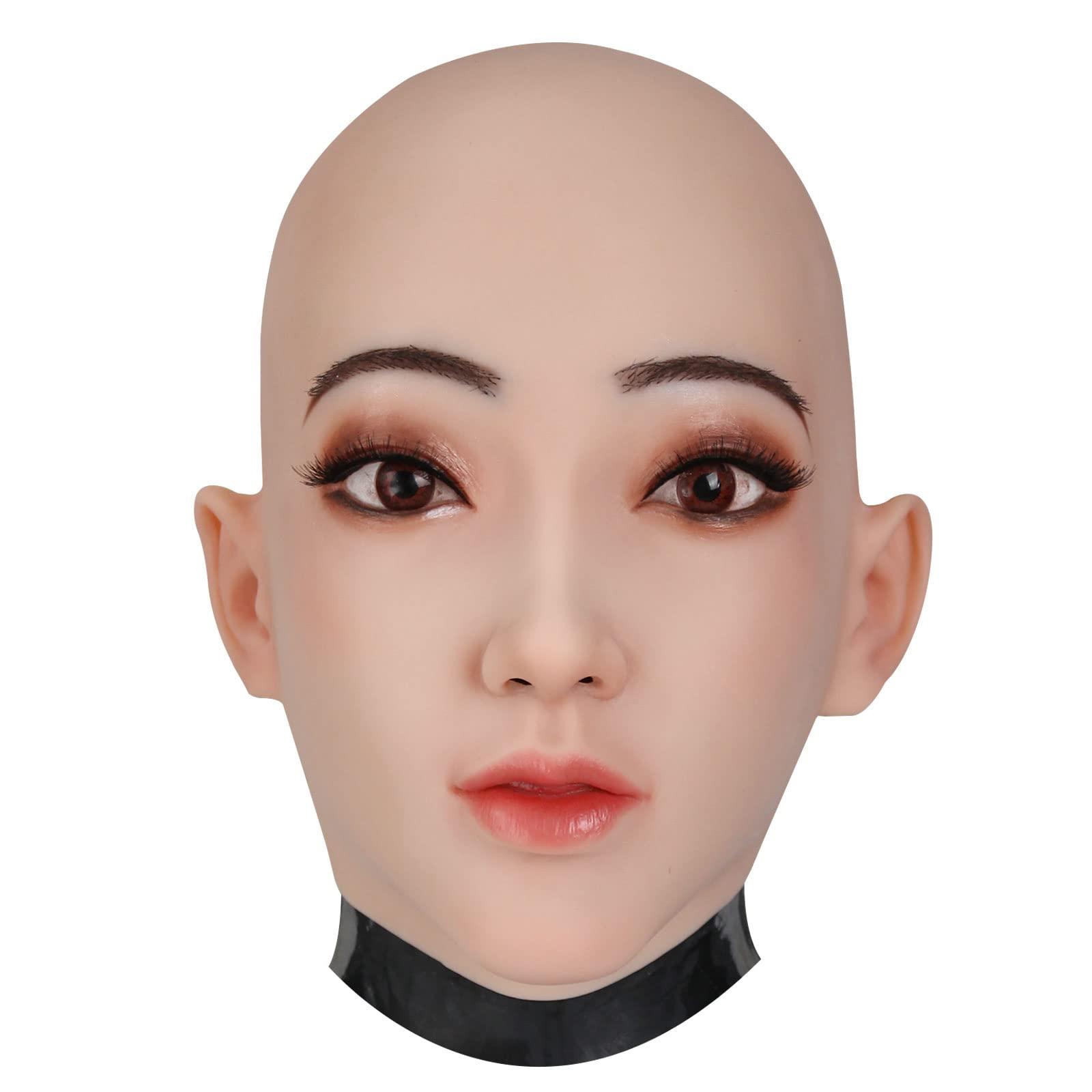 ZWSMS ZWSMS Crossdresser Silicone Mask Realistic Female Hand-Made Face Soft Head Mask for Halloween Parties Transgender,Ivory,Makeup