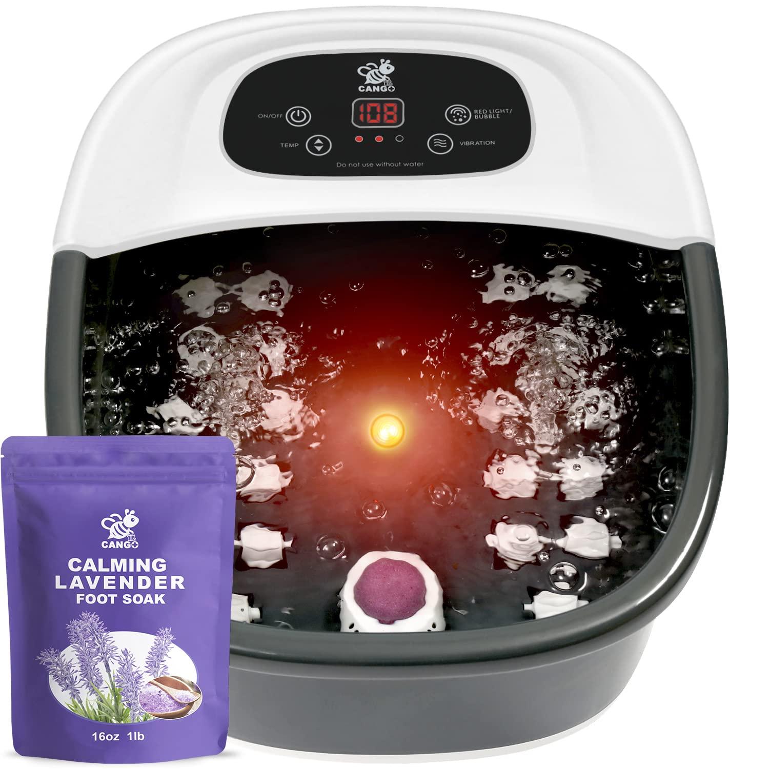 CANGO Foot Spa Bath Massager with Heat Bubbles and Vibration Massage and Jets, 16 OZ Calming Lavender Foot Soak Epsom Salt, CANGO Foot Soaker With Infrared Light, 22 Massage Rollers, Adjustable Temp - Black