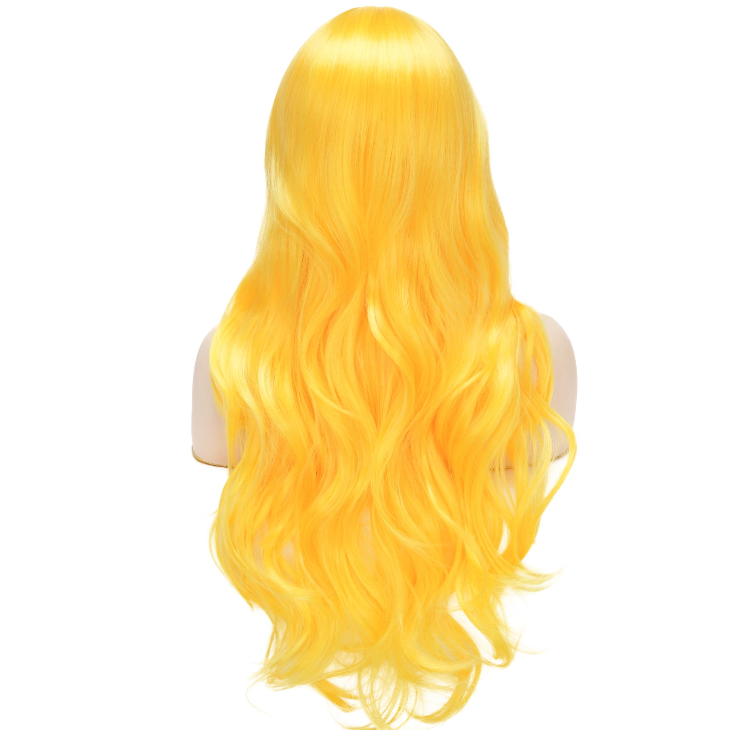Daiaces Long Yellow Curly Wavy Wigs for Women Side Part Natural Synthetic Heat Resistant for Daily Use Halloween Cosplay Wig